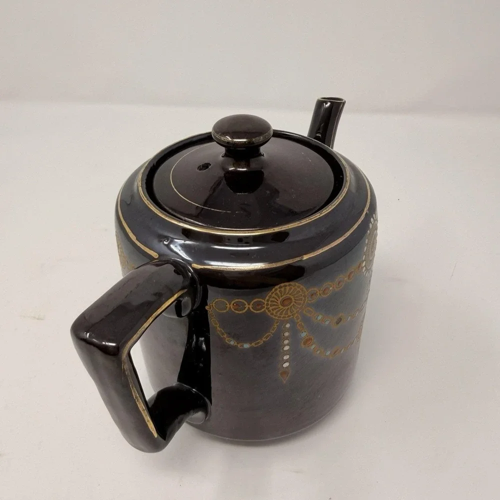 Vintage English Teapot Black Glaze Hand Painted‎ Made in England